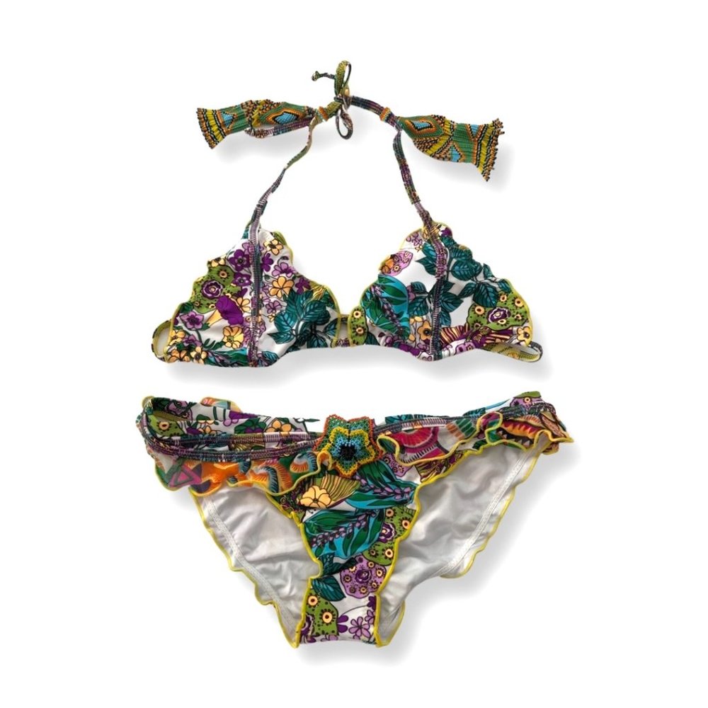 Agua Bendita floral tribal beaded bikini set size L